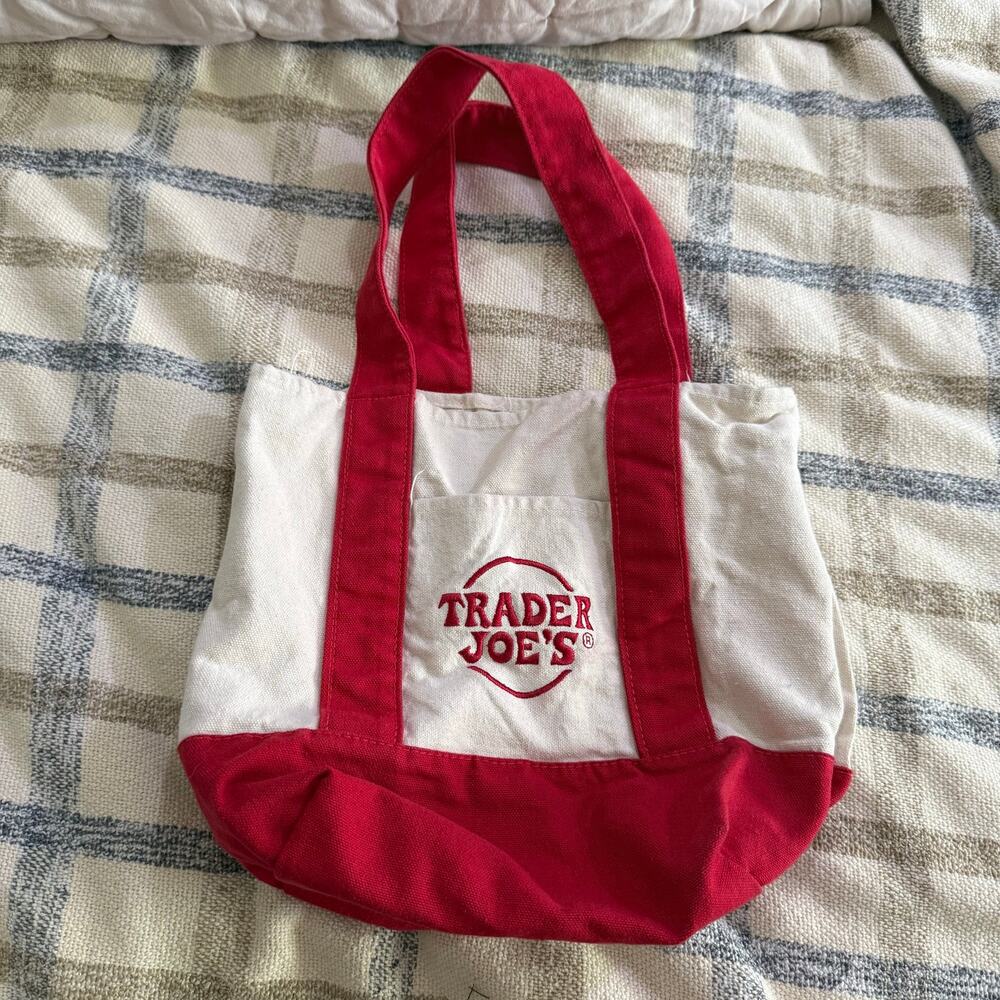 Trader Joe’s Mini Canvas Tote Bag Red Shopping Small Reusable - Picture 5 of 7